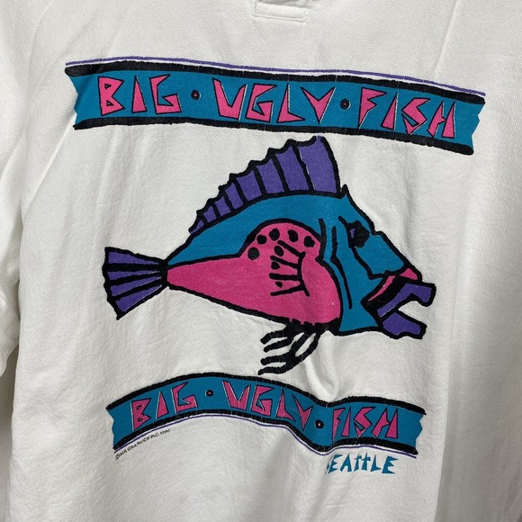 VTG Big Ugly Fish Seattle Collared Long Sleeve Shirt Mad Fish Sportswear Mens L - Picture 2 of 5